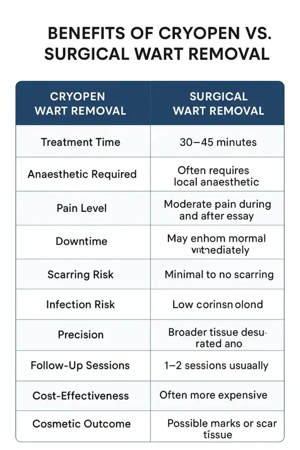 Table showing the benefits of cryopen to remove warts Nantwich compared to surgical treatment